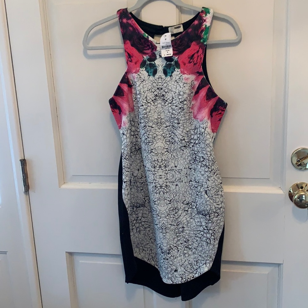 NWT LF Rumor Dress.  Fitted dress white with pink and black. Open back